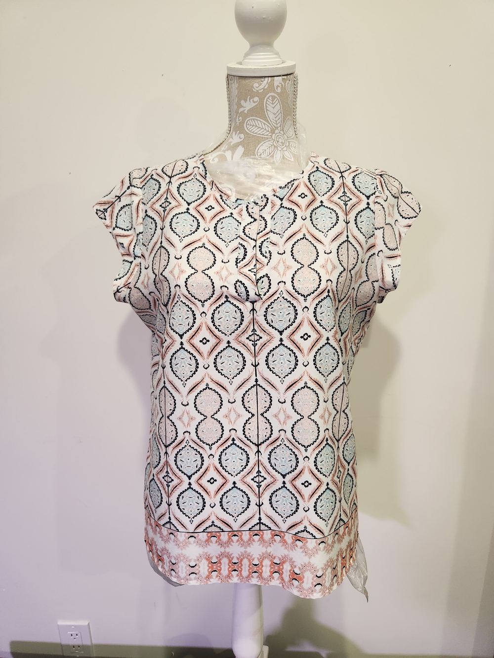 Ivanka Trump Cream Top with Peach and Light Blue Geometric Print